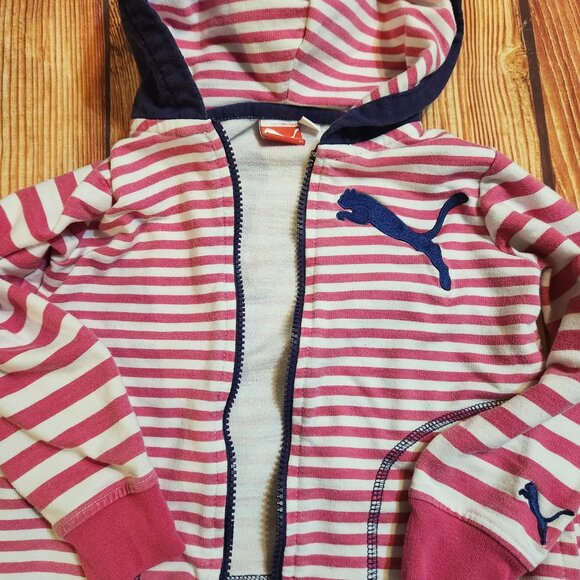 Puma 3T Hooded Sweatshirt Pink White Stripes Navy Hood Logo Toddler Girls - Picture 4 of 6